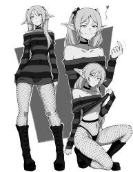Rule 34 | 1girl, absurdres, fishnets, frieren, greyscale, highres, impossible clothes, kekel, lifting own clothes, monochrome, multiple views, pointy ears, sousou no frieren, twintails