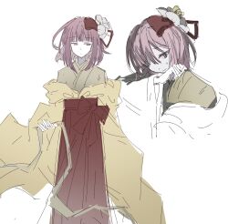 Rule 34 | 1girl, blunt bangs, bow, chinese commentary, clenched hand, closed mouth, commentary request, cropped torso, dot nose, expressionless, feet out of frame, flower, green kimono, green ribbon, hair bow, hair flower, hair ornament, hair ribbon, hakama, hakama skirt, hieda no akyuu, highres, holding, holding ribbon, jacket, jacket partially removed, japanese clothes, kimono, long sleeves, looking to the side, loose hair strand, medium hair, multiple views, nervous smile, partially colored, pink eyes, pink hair, red bow, red hakama, red ribbon, ribbon, simple background, sketch, skirt, smile, sweatdrop, touhou, white background, white flower, wide sleeves, wiping face, xingxunyou, yellow jacket