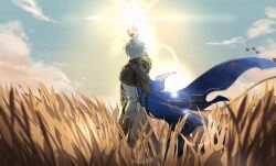 1boy akabane_yu antenna_hair armor black_shirt blue_cape blue_sky cape cloud coat floating_cape from_behind highres honkai:_star_rail honkai_(series) male_focus pauldrons phainon_(honkai:_star_rail) reaching shirt short_hair shoulder_armor single_pauldron sky solo sunlight wheat_field white_coat white_hair