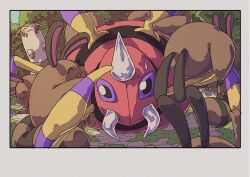 :3 animal_focus ariados creatures_(company) day furret game_freak gen_2_pokemon highres nintendo no_humans on_ground onamuzi_illust outdoors playing pokemon pokemon_(creature) pokemon_focus sentret shadow sweatdrop tree