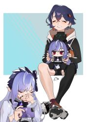 2girls ascot belle_(zenless_zone_zero) black_nails black_shirt blood blue_hair bow center_frills covering_own_mouth crossed_bangs crossed_legs frills gem hair_ornament hairband highres holding holding_phone holding_stuffed_toy letter_hair_ornament metal_hairband mole mole_under_eye multiple_girls nosebleed orange_socks phone pointy_ears purple_ascot purple_bow purple_gemstone purple_hair purple_hairband shirt shrug_(clothing) sideboob_cutout simple_background single_thighhigh sitting smile socks stuffed_toy thighhighs v.a._(vanilla) vivian_(zenless_zone_zero) white_shrug white_sneakers zenless_zone_zero