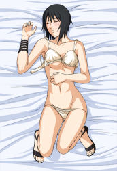 Rule 34 | 1girl, bed, bed sheet, black hair, bra, closed eyes, feet, female focus, from above, full body, lying, naruto (classic), naruto (series), on back, panties, panty pull, shizune (naruto), short hair, sleeping, solo, tk (tk&#039;s level4), toes, underwear, underwear only, white bra, white panties