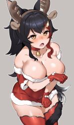 1girl animal_ear_fluff animal_ear_hairband animal_ears arm_under_breasts bare_shoulders bell black_hair blush breasts brown_eyes cleavage dress dress_tug fake_animal_ears fake_antlers fur-trimmed_dress fur_trim gloves hair_ornament hairband highres hololive jun_tsugumi large_breasts long_hair looking_at_viewer multicolored_hair neck_bell ookami_mio open_mouth ponytail red_dress red_gloves red_hair red_thighhighs santa_costume santa_dress shiny_skin simple_background solo standing streaked_hair sweat tail tail_around_own_leg thighhighs virtual_youtuber wolf_ears wolf_girl wolf_tail