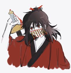 1boy bags_under_eyes bandaged_weapon black_hair chinese_clothes chinese_commentary coat coin coin_mask covered_mouth dao_gui_yi_xian hair_bun hair_ribbon hand_up hanfu highres holding holding_sword holding_weapon holed_coin jian_(weapon) lengcpgongyeyuanqu li_huowang long_hair looking_at_viewer male_focus mask mouth_veil partially_colored red_coat red_eyes red_hanfu red_ribbon ribbon simple_background single_hair_bun sketch solo sword sword_on_back sword_tassel tassel upper_body veil weapon weapon_on_back white_background