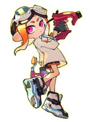 Rule 34 | 1girl, aviator goggles, black gloves, black shorts, blue shoes, closed mouth, commentary, dapple dualies (splatoon), dual wielding, fingerless gloves, full body, gloves, goggles, goggles on head, high tops, highres, holding, holding weapon, inari1369, medium hair, nintendo, octoling, octoling girl, octoling player character, orange hair, outline, parted bangs, pink eyes, shirt, shoes, shorts, sneakers, solo, splatoon (series), standing, standing on one leg, symbol-only commentary, t-shirt, tentacle hair, three-quarter sleeves, weapon, white background, white shirt, white shoes, yellow outline
