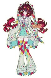 Rule 34 | 1girl, animal feet, blue dress, borrowed character, brown eyes, brown hair, claws, colored inner hair, commentary, commission, dress, english commentary, full body, highres, horns, long hair, looking at viewer, low twintails, multicolored hair, original, pigeon-toed, red hair, senmaze, simple background, sleeves past wrists, solo, standing, twintails, very long sleeves, white background