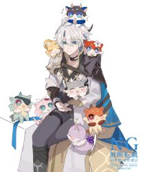1boy aglaea_(honkai:_star_rail) anaxa_(honkai:_star_rail) animalization castorice_(honkai:_star_rail) cat closed_eyes closed_mouth eyepatch grey_hair highres honkai:_star_rail honkai_(series) hyacine_(honkai:_star_rail) looking_down mydei_(honkai:_star_rail) one_eye_closed open_mouth phainon_(honkai:_star_rail) purin_234 short_hair simple_background sitting smile trinnon_(honkai:_star_rail) watermark white_background