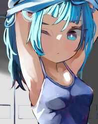 Rule 34 | absurdres, arms up, blue camisole, blue eyes, blue hair, camisole, closed mouth, clothes lift, commentary, cut bangs, eguma (eggmayo100), frown, highres, hirogaru sky! precure, lifting own clothes, medium hair, one eye closed, precure, shirt lift, sora harewataru, undressing, upper body
