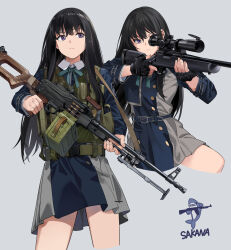 1girl aiming ammunition_belt ammunition_box ammunition_pouch belt black_gloves black_hair blue_belt blue_dress bolt_action collared_shirt cropped_legs dress fingerless_gloves gloves green_ribbon grey_background grey_dress gun gun_sling highres holding holding_gun holding_weapon inoue_takina load_bearing_vest long_hair long_sleeves looking_away lycoris_recoil lycoris_uniform machine_gun multiple_views neck_ribbon neko_(yanshoujie) pkm pleated_dress pouch purple_eyes remington_model_700 ribbon rifle romaji_text scope shirt simple_background sniper_rifle trigger_discipline two-tone_dress weapon weapon_request white_shirt