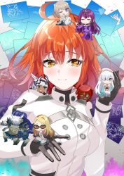 adele_(fate) ahoge anastasia_(fate) animal_ears asha_(fate) ashwatthama_(fate) black_gloves blonde_hair blue_hair caenis_(fate) caenis_(second_ascension)_(fate) centaur chibi dark-skinned_female dark-skinned_male dark_skin extra_arms fate/grand_order fate_(series) fujimaru_ritsuka_(female) fujimaru_ritsuka_(female)_(decisive_battle_chaldea_uniform) gerda_(fate) gloves grey_hair hairband highres hope_(fate) long_hair makarios_(fate) oberon_(fate) orange_eyes orange_hair patxi_(fate) purple_hair red_hair scathach_(fate) scathach_skadi_(fate) smile sunglasses taur tepeu_(fate) tezcatlipoca_(fate) tiara wand white_hair xiang_yu_(fate) yuritoame