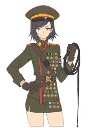 1girl armband black_hair brown_eyes brown_gloves commentary cropped_legs english_commentary flag_armband gloves green_hat green_jacket green_skirt hand_on_own_hip hat highres holding holding_whip jacket kuso_otoko looking_at_viewer medal military_uniform miniskirt north_korean_flag original parted_lips short_hair simple_background skirt smile solo teeth white_background