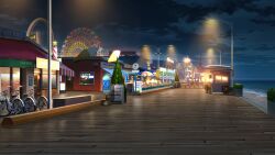 beach bicycle bicycle_rack bistro_table boardwalk bush carnival chair cloud cloudy_sky english_text ferris_wheel highres horizon lamppost night no_humans non-web_source official_art our_life our_life:_beginnings_and_always outdoors reflective_floor roller_coaster scenery shore sign sky trash_can tree variant_set vending_cart water window wooden_chair wooden_floor