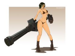 1girl bikini black_eyes black_hair boots breasts female_focus gatling_gun gun highres irving-zero mechanical_arms minigun navel original revision short_hair sideboob single_mechanical_arm solo swimsuit weapon