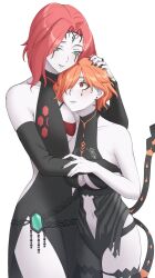 2girls absurdres aemu1008 aemu_(artist) agarthan alternate_costume blush breasts cleavage_cutout cleobulus_(fire_emblem) clothing_cutout cornelia_arnim cuddling facial_tattoo fan_design fire_emblem fire_emblem:_three_houses highres holding_to_chest kronya_(fire_emblem) large_breasts mature_female multiple_girls nintendo orange_hair pale_skin red_eyes red_hair tattoo twsitid yuri