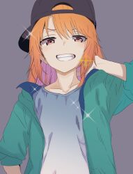 1girl baseball_cap brown_eyes grin hat highres idolmaster idolmaster_cinderella_girls jacket kazuta1000 looking_at_viewer multicolored_hair shirt sideways_hat smile solo two-tone_hair yuuki_haru