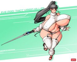 1girl alternate_breast_size artist_name black_hair breasts curvy eve_(stellar_blade) female_focus holding holding_sword holding_weapon huge_breasts long_hair ponytail shiny_skin stellar_blade sword thick_thighs thighhighs thighs underboob weapon wide_hips witchking00