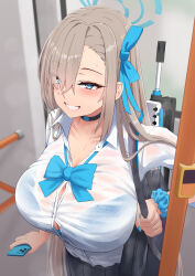 Rule 34 | 1girl, asuna (blue archive), asuna (school uniform) (blue archive), black skirt, blonde hair, blue archive, blue bra, blue eyes, blue ribbon, blush, bra, bralines, breasts, cellphone, choker, collared shirt, dress shirt, grin, gun, hair over one eye, hair ribbon, halo, highres, large breasts, long hair, looking at viewer, phone, pleated skirt, ribbon, scrunchie, shirt, silver bullet (ecc12 8), skirt, sleeves rolled up, smile, solo, underwear, very long hair, weapon, white shirt, wrist scrunchie