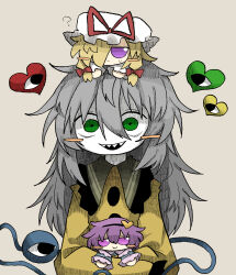 ? bags_under_eyes blonde_hair blue_shirt blush_stickers buttons crossed_arms fumo_(doll) green_eyes grey_hair hair_between_eyes hair_ornament hair_over_one_eye hair_ribbon hat heart heart_hair_ornament highres holding holding_toy koishi_komeiji&#039;s_heart-throbbing_adventure komeiji_koishi komeiji_satori long_hair long_sleeves looking_at_viewer multiple_girls on_head one_eye_covered pale_skin pink_eyes pink_hair red_ribbon ribbon sharp_teeth shirt short_hair simple_background sleeves_past_fingers sleeves_past_wrists smile stuffed_toy sweat sweatdrop teeth third_eye touhou toy upper_teeth_only yakumo_yukari yellow_shirt zunusama