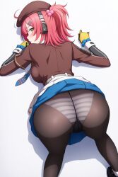 Rule 34 | 1girl, all fours, ass, ass focus, backboob, beret, blush, breasts, candy, cheeta (girls&#039; frontline 2), food, from above, from behind, girls&#039; frontline, girls&#039; frontline 2: exilium, gloves, green eyes, hair bobbles, hair ornament, hat, highres, huge ass, lollipop, long hair, looking at viewer, looking back, medium breasts, military uniform, miniskirt, mouth hold, mp7 (girls&#039; frontline), panties, panties under pantyhose, pantyhose, pink hair, raygun19, side ponytail, sideboob, skirt, skirt flip, solo, top-down bottom-up, underwear