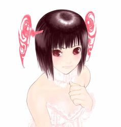 1girl blush brown_hair es es_(cah60700) female_focus flat_chest lingerie original red_eyes short_hair solo underwear