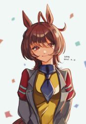 1girl agnes_tachyon_(umamusume) ahoge animal_ears birthday blue_necktie blue_shirt blurry blurry_background brown_hair brown_tail closed_mouth collared_shirt confetti dated earrings hair_between_eyes hashtag-only_commentary highres horse_ears horse_girl horse_tail jewelry lab_coat light_smile looking_at_viewer medium_hair messy_hair necktie pen red_eyes shirt sidelocks single_earring solo sweater_vest tail teru_(t_nano) umamusume upper_body white_background yellow_sweater_vest