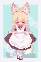 1girl animal_ear_fluff animal_ears apron black_dress black_shoes blonde_hair closed_eyes closed_mouth commentary_request dress fox_ears fox_girl fox_tail frilled_apron frills full_body long_hair maid maid_apron maid_headdress original puffy_short_sleeves puffy_sleeves shoes short_sleeves solo tail thighhighs white_apron white_thighhighs yig_yuki_(yig-gha)