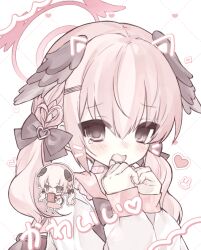 Rule 34 | 1girl, anone (00x02), bandaid, bandaid on neck, black bow, black bowtie, blue archive, bow, bowtie, braid, chibi, chibi inset, drawn ears, drawn whiskers, hair bow, hair ornament, hairclip, halo, head wings, koharu (blue archive), looking at viewer, low twintails, medium hair, parallel hairclips, pink eyes, pink hair, pink halo, shirt, sleeves past wrists, solo, tears, twintails, upper body, white shirt, wings