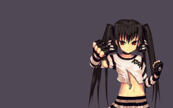 &gt;:( black_choker black_hair child choker clenched_hand crop_top fingerless_gloves gloves hair_ribbon highres kooh long_hair long_sleeves looking_at_viewer midiman midriff miniskirt navel outstretched_arm pangya pleated_skirt red_eyes ribbon simple_background skirt skull skull_print solo solo_focus striped_clothes striped_skirt thumbs_down twintails unzipped v-shaped_eyebrows white_stripes zipper zipper_top