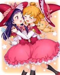 Rule 34 | 2girls, ;d, ^ ^, asahina mirai, blonde hair, blush, closed eyes, hat, highres, izayoi liko, kneehighs, long hair, magic school uniform (mahou girls precure!), mahou girls precure!, mofurun (mahou girls precure!), multiple girls, one eye closed, open mouth, pink eyes, precure, purple hair, riko (mahou girls precure!), school uniform, short hair, skirt, smile, socks, star (symbol), star in eye, symbol in eye, wand, witch hat, yoban