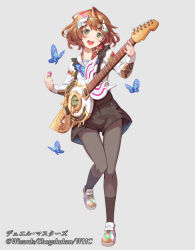 1girl anno_akira black_pantyhose black_shorts black_thighhighs brown_hair bug butterfly copyright_notice dragon_musume_ni_naritakunai! duel_masters full_body green_eyes grey_background guitar hair_ornament hairpin holding holding_guitar holding_instrument holding_plectrum i-la insect instrument long_sleeves looking_at_viewer official_art open_mouth pantyhose plectrum shirt shoes shorts simple_background solo teeth thighhighs upper_teeth_only white_shirt white_shoes