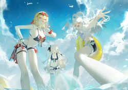 3girls :d :p ;d absurdres alternate_breast_size bikini blonde_hair blue_bikini blue_eyes blue_hair blue_shorts blue_sky bow braid braided_bangs breasts cleavage closed_eyes color-coded colored_tips commentary cone_hair_bun double-parted_bangs double_bun english_commentary eyewear_on_head feet_out_of_frame front-tie_bikini_top front-tie_top hair_bow hair_bun hair_ornament hairclip half_up_braid hand_on_own_hip high_ponytail highleg highleg_bikini highres holoh3roes hololive hololive_indonesia hololive_summer_2023_swimsuit kaela_kovalskia kobo_kanaeru kyoro_ina large_breasts layered_bikini long_hair looking_at_viewer medium_breasts medium_hair multicolored_hair multiple_girls nail_polish necktie ocean official_alternate_costume one_eye_closed open_mouth ponytail reaching reaching_towards_viewer red-tinted_eyewear red_bikini red_bow red_eyes red_necktie shirt shorts sky smile splashing split_ponytail striped_bikini striped_clothes sunglasses swimsuit t-shirt textless_version tinted_eyewear tongue tongue_out two-tone_hair two_side_up v v_over_mouth vestia_zeta virtual_youtuber wading waist_bow wavy_hair white_bikini white_hair white_shirt wristband