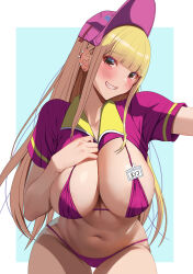 1girl absurdres akihiro0920 ballpark_de_tsukamaete! baseball_cap bikini bikini_under_clothes blonde_hair blunt_bangs blush breasts breasts_squeezed_together cleavage clothes_lift collared_shirt ear_piercing earrings grin hand_on_own_chest hat highres huge_breasts jewelry lifting_own_clothes navel piercing ruriko_(ballpark_de_tsukamaete!) shirt shirt_lift short_sleeves smile solo stud_earrings swimsuit thighs