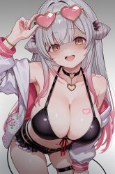 Rule 34 | 1girl, absurdres, belt, bent over, bikini, black bikini, black choker, breast tattoo, breasts, choker, cleavage, crazy, crazy eyes, cropped legs, daysss, eyewear on head, front-tie bikini top, front-tie top, gradient hair, grey hair, heart, heart-shaped eyewear, heart choker, highres, huge breasts, indie virtual youtuber, jacket, large breasts, long hair, looking at viewer, multicolored hair, navel, open clothes, open jacket, open mouth, pink hair, shaded face, skindentation, smile, solo, standing, sunglasses, suou patra, swimsuit, tattoo, teeth, thigh strap, upper teeth only, white jacket, yandere, yellow eyes