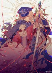 1boy 1girl absurdres aqua_eyes arm_up black_cape black_coat black_hair black_hat black_shirt blonde_hair blunt_bangs cape closed_mouth coat collared_shirt covering_another&#039;s_eyes crown dress falling_petals feet_out_of_frame flower gem gloves gown hair_between_eyes hat heroine_(lovebrush_chronicles) highres holding holding_hands holding_hourglass holding_sword holding_weapon hourglass jewelry lars_rorschach lars_rorschach_(infinite_empire) long_hair long_sleeves looking_at_viewer lovebrush_chronicles military_hat necklace off-shoulder_dress off_shoulder parted_lips peaked_cap petals red_flower red_gemstone red_pupils red_shawl reverse_grip shawl shirt sleeve_cuffs smile standing string string_of_fate sunburst sword torn_cape torn_clothes watermark weapon weibo_watermark white_background white_dress white_gloves z6