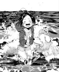 Rule 34 | 1girl, :d, bad id, bad twitter id, beach, blush, closed eyes, dog, dolphin shorts, female focus, greyscale, hood, hoodie, inactive account, masuda (yousaytwosin), monochrome, open mouth, original, outdoors, short shorts, shorts, smile, solo, waves, wet, wet clothes