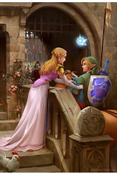 1boy 1girl blonde_hair commentary epona fine_art_parody flower gate hallway horse link long_hair lothlenan navi nintendo parody plant pointy_ears polearm princess_zelda riding shield spear sword the_legend_of_zelda the_legend_of_zelda:_ocarina_of_time weapon weapon_on_back