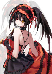 1girl absurdres antique_firearm bare_shoulders black_hair breasts clock_eyes date_a_live dress firearm frilled_dress frilled_hairband frills gun hairband heterochromia highres lolita_fashion lolita_hairband long_hair looking_at_viewer lying medium_breasts on_back red_dress red_eyes shiqila smile solo symbol-shaped_pupils tokisaki_kurumi twintails two-tone_dress weapon yellow_eyes