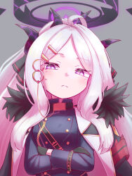 Rule 34 | 1girl, ahoge, armband, black coat, black gloves, black halo, blue archive, coat, coat on shoulders, demon girl, demon horns, gloves, halo, highres, hina (blue archive), horns, katu chicken, long hair, looking at viewer, purple eyes, red armband, simple background, solo, upper body, white hair