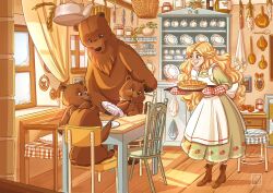 1girl 4others apron bear blonde_hair blush boots brown_footwear chair commentary cup dining_room dress eating food goldilocks goldilocks_and_the_three_bears green_dress green_eyes highres holding holding_tray indoors jam long_hair looking_at_another maria_dresden multiple_others oven_mitts pie plate serving_tray spanish_commentary stool table tray white_apron wooden_chair wooden_floor
