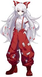 1girl arm_belt artist_request bandaged_hand bandages boots bow closed_mouth commentary commentary_request english_commentary fujiwara_no_mokou full_body grey_hair hair_bow hands_in_pockets highres long_hair long_sleeves looking_at_viewer mixed-language_commentary multiple_hair_bows ofuda ofuda_on_clothes pants pink_eyes psd_available red_boots red_pants second-party_source shirt smile solo suspenders tachi-e touhou transparent_background very_long_hair white_shirt