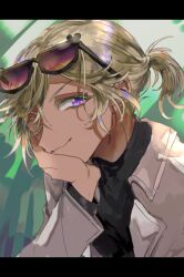 1boy a3! ayayayan black_shirt blonde_hair blue_eyes brown_jacket citron_(a3!) colored_eyelashes dark-skinned_male dark_skin eyewear_on_head from_side head_on_hand jacket leaning_forward letterboxed long_sleeves looking_at_viewer male_focus medium_hair official_alternate_costume one_eye_closed parted_bangs ponytail portrait shirt smile solo sunglasses v-shaped_eyebrows wavy_hair