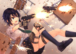 1girl bad_id bad_pixiv_id beretta_92 black_hair black_legwear blue_eyes blurry blurry_background blurry_foreground chair desk dreadtie dual_persona female_focus fingerless_gloves gloves gun handgun highres holster knee_pads loafers necktie open_mouth original pleated_skirt school_desk shoes short_hair single_knee_pad skirt solo thigh_holster weapon