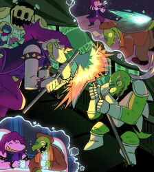 ! !! 1girl 2boys 2others ^_^ armlet armor asriel_dreemurr axe battle battle_axe beret black_jacket blue_hair blue_skin bracelet brown_coat brown_hat brown_jacket brown_pants brown_shoes buckle cheering clash clenched_teeth closed_eyes coat collared_shirt colored_sclera colored_skin colored_teeth column crooked_teeth cup deltarune duel dutch_text facial_hair gauntlets gerson goat_boy goatee green_robe grin hallow_ice hammer hat heart heart-shaped_buckle highres holding holding_cup holding_hammer jack-o&#039;-lantern jackenstein_(deltarune) jacket jewelry kris_(dark_world)_(deltarune) kris_(deltarune) laughing lizard_tail long_hair magic mallet multiple_boys multiple_others one_eye_closed orange_scarf pants pauldrons pillar pink_hair pink_scales pink_skin ponytail purple_hair purple_skin ralsei remembering reptile_girl robe scarf shaded_face sharp_teeth shirt shoes shoulder_armor sledgehammer sleeveless sleeveless_jacket smile speech_bubble spell spiked_armlet spiked_bracelet spikes squatting stained_glass susie_(dark_world)_(deltarune) susie_(deltarune) table tail teacup teeth thought_bubble turtle_boy turtle_shell weapon wooden_table yellow_sclera yellow_teeth