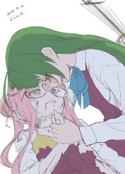10s 2014 2girls ahoge blue_eyes braid crying dated errant glasses green_hair hand_on_another&#039;s_head holding_detached_head holding_hands kantai_collection long_hair makigumo_(kancolle) mole mole_under_mouth multiple_girls pink_hair ribbon school_uniform serafuku torn_clothes twintails very_long_hair yuugumo_(kancolle)