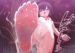 1girl breasts cameltoe commentary_request covered_erect_nipples highres looking_at_viewer open_mouth original pink_eyes purple_hair robo_mikan small_breasts soles solo toes variant_set