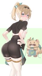 1girl aqua_eyes ass bike_shorts black_gloves blonde_hair blush breasts chest_sarashi fingerless_gloves gloves hair_ornament highres holding holding_unworn_clothes hololive kazama_iroha kazama_iroha_(1st_costume) leaf_hair_ornament leaning_forward looking_at_viewer looking_back open_mouth pokobee ponytail sarashi short_hair shrug_(clothing) skirt small_breasts solo sweat thigh_strap thighhighs tojo_aoi unworn_skirt virtual_youtuber white_thighhighs