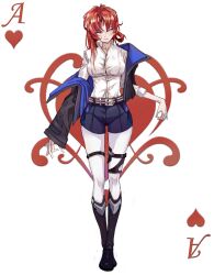 Rule 34 | 1girl, :d, absurdres, black boots, black jacket, blue shorts, boots, breasts, collared shirt, commentary, english commentary, full body, highres, honkai (series), honkai impact 3rd, jacket, large breasts, long sleeves, murata himeko, murata himeko (arctic kriegsmesser), open mouth, pantyhose, red hair, shirt, shorts, smile, solo, sooner, standing, white background, white pantyhose, white shirt, yellow eyes