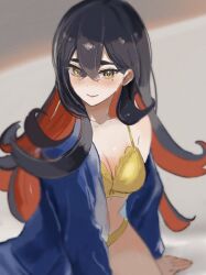 1girl black_hair blue_jacket blush bra breasts carmine_(pokemon) cleavage closed_mouth colored_inner_hair crossed_bangs hair_between_eyes highres jacket long_hair looking_at_viewer mole mole_under_eye multicolored_hair nintendo panties pokemon pokemon_sv red_hair ringosan2329 single_off_shoulder smile solo two-tone_hair underwear yellow_bra yellow_eyes yellow_panties
