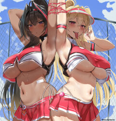 2girls absurdres armband armpits bay_(nikke) belt black_shirt blonde_hair blue_sky blush breasts chain-link_fence cheerleader clay_(nikke) cloud dark-skinned_female dark_skin day drooling fang fang_out fellatio_gesture fence goddess_of_victory:_nikke gradient_hair hair_intakes heavy_breathing high_ponytail highleg highleg_panties highres long_hair looking_at_viewer micchan_(micchanmeido) mole mole_on_breast mole_on_stomach mole_under_eye multicolored_hair multicolored_shirt multiple_girls nail_polish naughty_face navel outdoors panties panty_straps pleated_skirt ponytail presenting_armpit purple_eyes red_armband red_belt red_ribbon red_shirt red_skirt rewind_(nikke) ribbon saliva shirt side-tie_panties skirt sky sleeveless sleeveless_shirt sparkling_eyes star_(symbol) steam stomach streaked_hair sweat tongue tongue_out twitter_username underboob underwear v-shaped_eyebrows very_long_hair visor_cap white_panties white_shirt