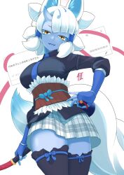 animal_ears belt black_shirt black_thighhighs blue_gloves blue_necktie blue_skin brown_belt collared_shirt colored_skin elbow_gloves extra_ears fingerless_gloves fox_ears fox_girl fox_tail from_below fur_trim ginkaku_(kemono_friends) gloves grey_skirt hair_between_eyes hair_tubes hand_on_own_hip highres horns kemono_friends looking_at_viewer necktie odaibako orange_eyes plaid_clothes plaid_skirt pleated_skirt quad_tails shirt short_hair short_twintails sidelocks single_horn skirt tail thighhighs translation_request twintails whip white_fur white_hair yongo_ichifu zettai_ryouiki